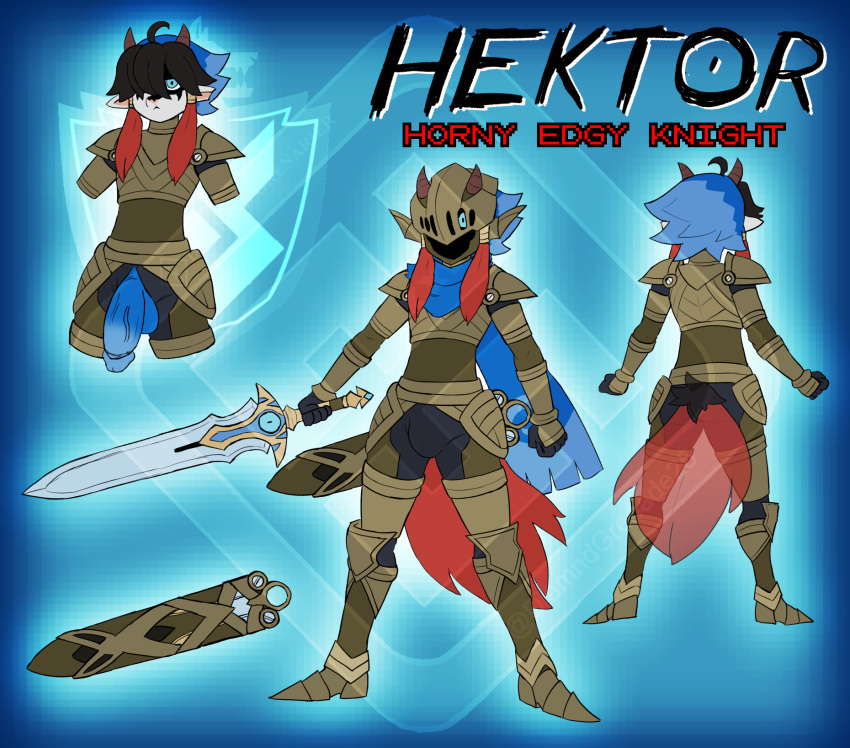 1_eye animal_genitalia anthro armor armored_boots bulge cape character_name clothed clothing diamond_grenadier fusion gauntlets generation_6_pokemon generation_8_pokemon genitals gloves hair hair_over_eye handwear hektor_the_horny_edgy_knight hi_res honedge horn legendary_pokemon male melee_weapon model_sheet nintendo notched_ear one_eye_obstructed penis pokemon pokemon_(species) pokemon_fusion poking_out scarf sheath shield shoulder_pads solo sword sword_sheath symbol tail weapon wooloo zacian