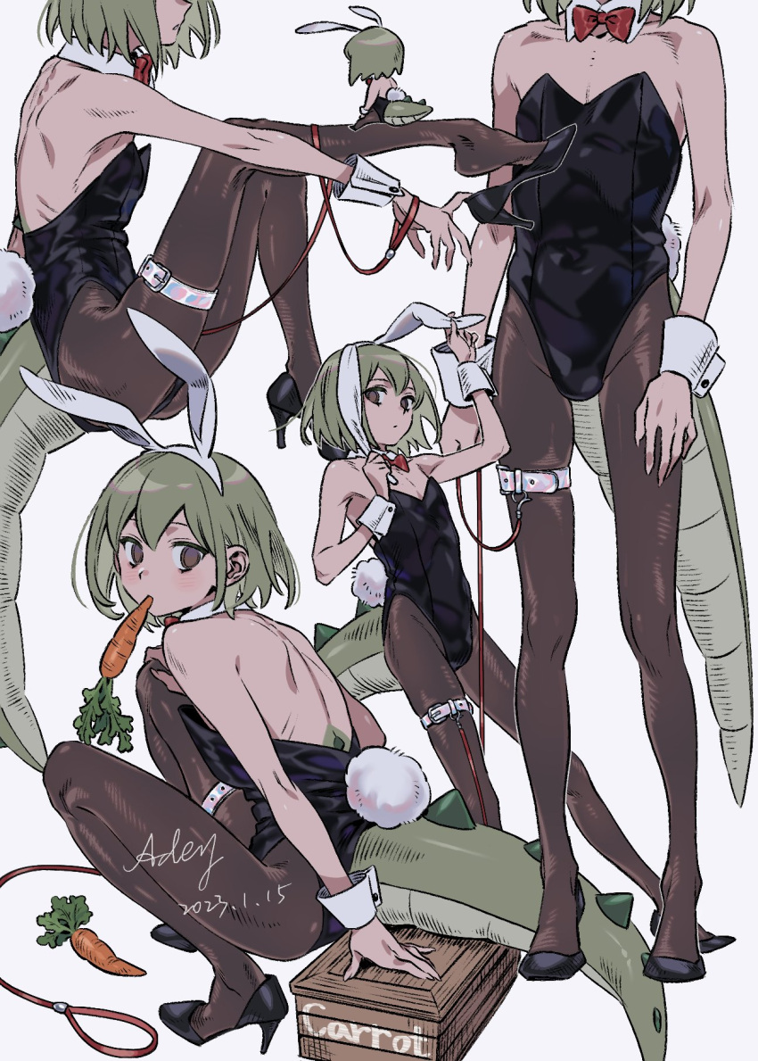 animal_ears black_footwear black_leotard bow bowtie brown_eyes brown_pantyhose bulge carrot chibi collage cropped_head detached_collar dog_lead double-parted_bangs dragon_boy dragon_tail flat_chest full_body green_hair hana_(adey) high_heels highleg highleg_leotard highres leotard medium_hair original otoko_no_ko pantyhose playboy_bunny rabbit_ears rabbit_tail red_bow red_bowtie sitting sketch squatting standing stiletto_heels tail ten_(lu2948d) thigh_strap wrist_cuffs