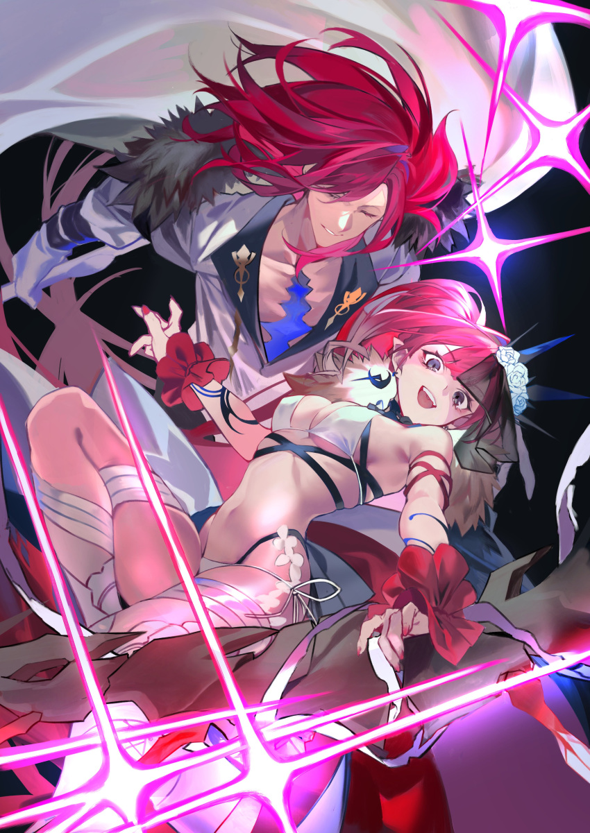 1boy 1girl absurdres baobhan_sith_(swimsuit_pretender)_(fate) bikini black_background breasts cape closed_eyes earrings fate/grand_order fate_(series) fur-trimmed_cape fur_trim grey_eyes highres hiro_(hirohiro_gorira) jewelry long_hair medium_breasts navel pointy_ears red_hair red_nails sparkle swimsuit tristan_(fate) veil white_bikini