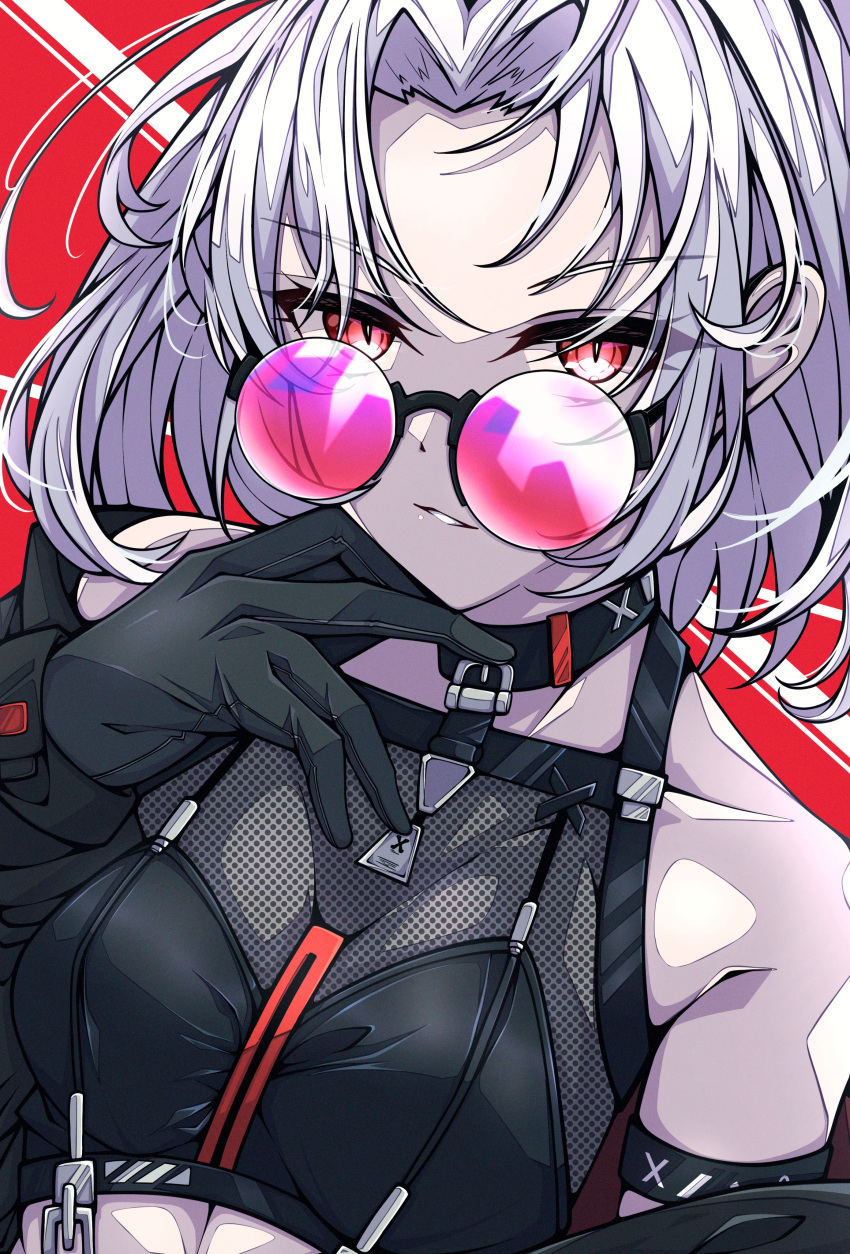 1girl absurdres arm_strap bare_shoulders belt black_choker black_gloves black_jacket black_shirt breasts choker covered_collarbone crop_top cropped_shirt drake_(nikke) drake_(villain_racer)_(nikke) earrings gloves goddess_of_victory:_nikke highres jacket jewelry kakuzatou_(cubesugar03196) looking_at_viewer off_shoulder open_clothes open_jacket parted_bangs parted_lips red_eyes see-through see-through_cleavage shirt short_hair sidelocks sleeveless sleeveless_shirt small_breasts solo sunglasses white_hair