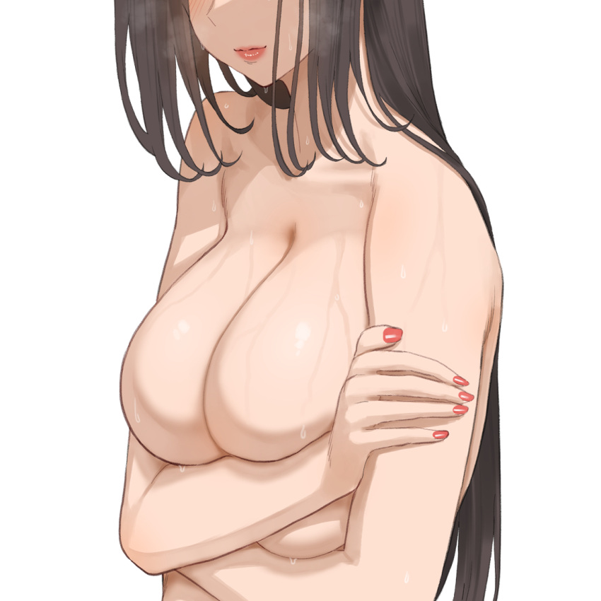 1girl blush breasts closed_mouth collarbone covering covering_breasts head_out_of_frame large_breasts lips long_hair nude original red_nails simple_background solo sweat throtem upper_body very_long_hair wet white_background