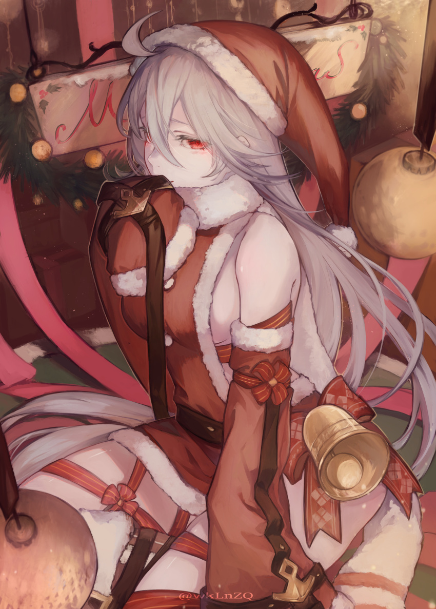 1girl absurdres ahoge bell blush breasts christmas closed_mouth detached_sleeves dress grey_hair hat highres laevateinn_(phantom_of_the_kill) long_hair ornament phantom_of_the_kill red_eyes ribbon santa_dress santa_hat sideboob sign sitting sleeves_past_wrists smile solo upper_body wklnzq