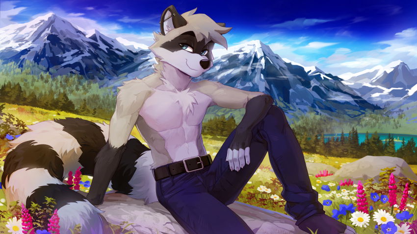 anthro blue_eyes bottomwear chest_tuft clothed clothing denim denim_clothing ear_piercing fingerless_(marking) fur grey_body grey_fur hi_res industrial_piercing jeans lucas_(oonracc) male mammal markings melloque mountain outside pants piercing procyonid raccoon reclining smile smirk solo striped_markings striped_tail stripes tail tail_markings topless tuft