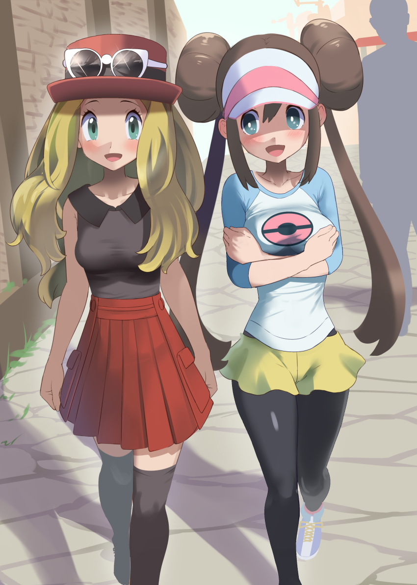 1boy 2girls :d absurdres black_pantyhose blonde_hair blush breasts brown_hair collarbone collared_shirt commentary_request commission day double_bun eyelashes eyewear_on_headwear green_eyes hair_between_eyes hair_bun hat highres long_hair multiple_girls open_mouth outdoors pantyhose pantyhose_under_shorts partial_commentary pixiv_commission pleated_skirt pokemon pokemon_(game) pokemon_bw2 pokemon_xy raglan_sleeves red_headwear red_skirt rosa_(pokemon) serena_(pokemon) shirt shorts sidelocks skirt sleeveless sleeveless_shirt smile standing sunglasses thighhighs twintails uhyoko visor_cap white-framed_eyewear white_headwear yellow_shorts