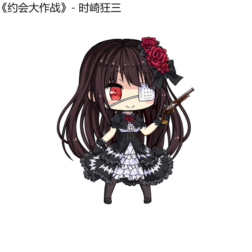 1girl black_footwear black_hair chibi date_a_live dress eyepatch flower gun hair_flower hair_ornament highres holding holding_gun holding_weapon lolita_fashion long_hair medical_eyepatch red_eyes smile tokisaki_kurumi tsubasaki two-tone_dress weapon