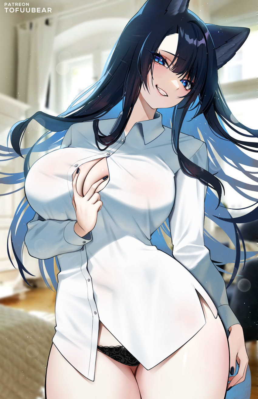 1girl absurdres animal_ears black_nails black_panties blue_eyes blue_hair blush breasts cleavage collared_shirt commentary english_commentary highres indoors large_breasts long_hair long_sleeves looking_at_viewer nail_polish original panties parted_lips patreon_username reiko_(tofuubear) shirt smile solo teeth thighs tofuubear underwear white_shirt
