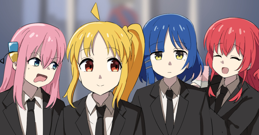 4girls :d ^_^ ahoge blonde_hair blue_eyes blue_hair blurry blurry_background bocchi_the_rock! cellphone chainsaw_man closed_eyes cube_hair_ornament formal gotou_hitori hair_ornament ijichi_nijika kick_back_(song) kita_ikuyo long_hair medium_hair mole mole_under_eye multiple_girls orange_eyes parody phone pink_hair pull_cord red_hair season_connection side_ponytail smartphone smile suit tenten_(chan4545) tongue tongue_out yamada_ryou yellow_eyes