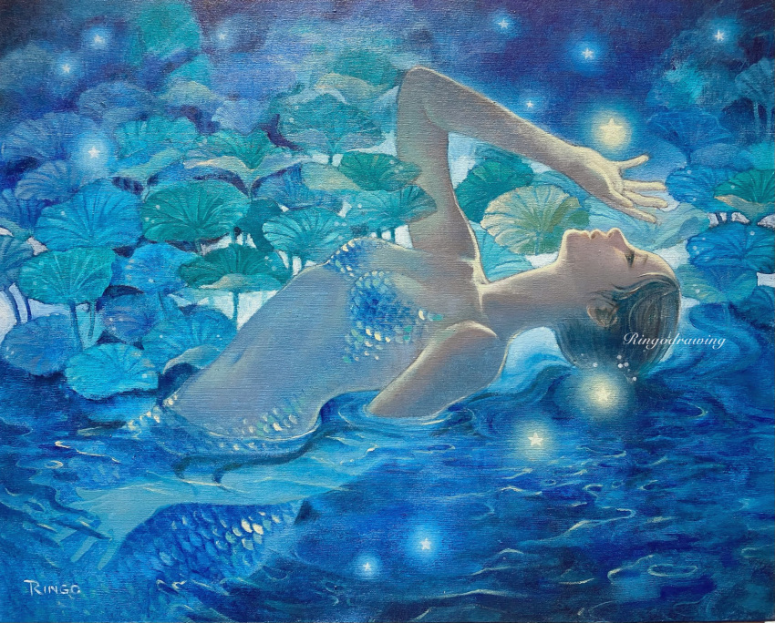 1girl arm_up bare_shoulders breasts brown_eyes brown_hair commentary_request highres leaf long_hair mermaid monster_girl navel oil_painting_(medium) original painting_(medium) ponytail ringodrawing ripples scales small_breasts solo star_(symbol) swimming traditional_media upper_body water