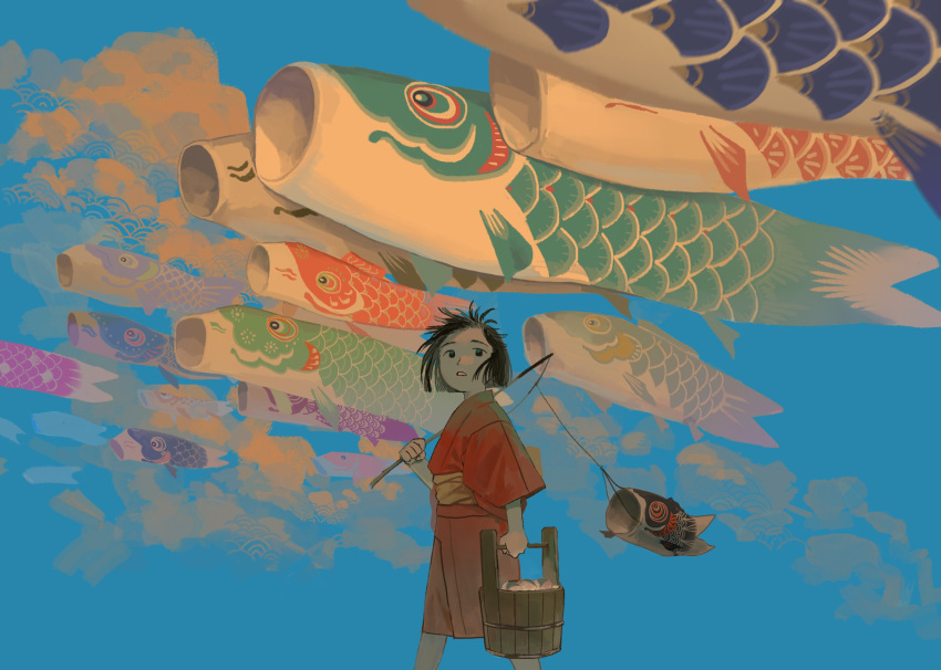 1girl black_eyes black_hair blue_background blunt_ends bob_cut bucket carrying_over_shoulder cloud commentary feet_out_of_frame fishing_rod floating_hair forehead from_side highres holding holding_bucket holding_fishing_rod japanese_clothes kimono kodomo_no_hi koinobori koma1-nu looking_to_the_side obi original parted_lips red_kimono sash seigaiha short_hair short_sleeves solo walking windsock wooden_bucket