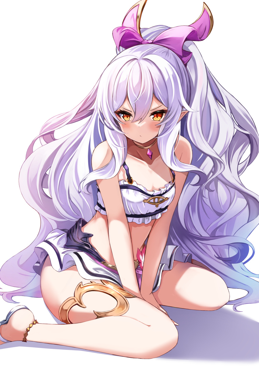 1girl absurdres bare_arms bare_shoulders bikini blush closed_mouth collarbone commentary granblue_fantasy grey_footwear grey_hair hair_between_eyes hair_ribbon highres looking_at_viewer medusa_(shingeki_no_bahamut) pink_ribbon ponytail red_eyes ribbon sandals shadow shibakame simple_background sitting solo swimsuit v-shaped_eyebrows wariza white_background white_bikini