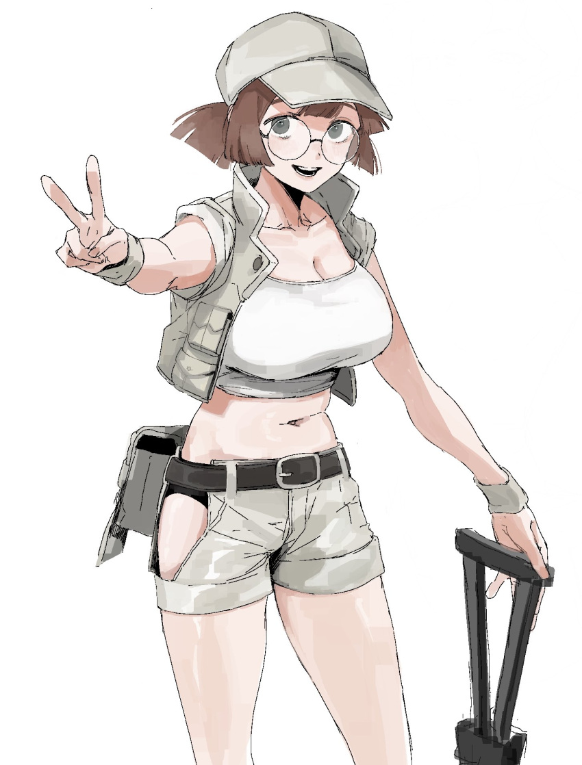 1girl belt black_eyes breasts brown_hair cleavage fio_germi glasses grey_headwear hat highres hip_vent kawatiw large_breasts looking_at_viewer metal_slug midriff open_mouth ponytail round_eyewear short_ponytail short_shorts short_sleeves shorts simple_background solo v white_background