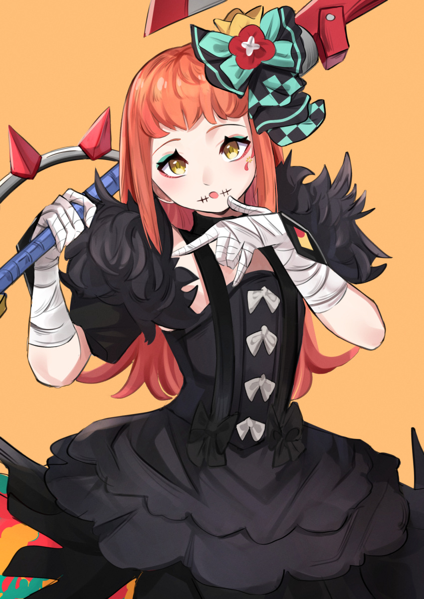 1girl axe bandaged_hand bandages black_dress blue_eyeshadow bow commentary daweykun dress eyeshadow facing_viewer fire_emblem fur_trim hair_bow hands_up highres holding holding_axe holding_weapon long_hair makeup open_mouth orange_background orange_hair panette_(fire_emblem) solo upper_body weapon yellow_eyes