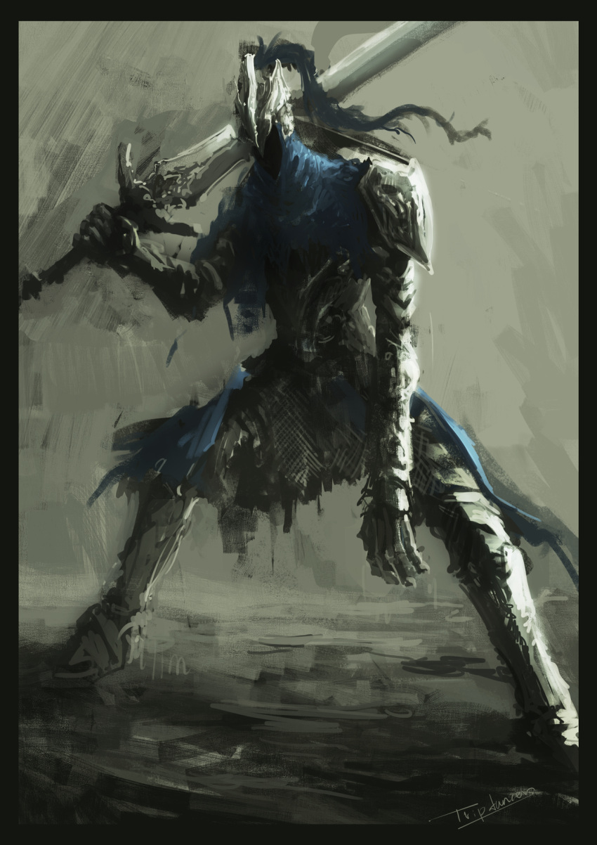 1boy armor artist_name artorias_the_abysswalker black_border border dark_souls_(series) dark_souls_i facing_viewer full_armor gauntlets grey_background helmet highres holding holding_sword holding_weapon knight male_focus over_shoulder pauldrons shoulder_armor solo standing sword tripdancer weapon