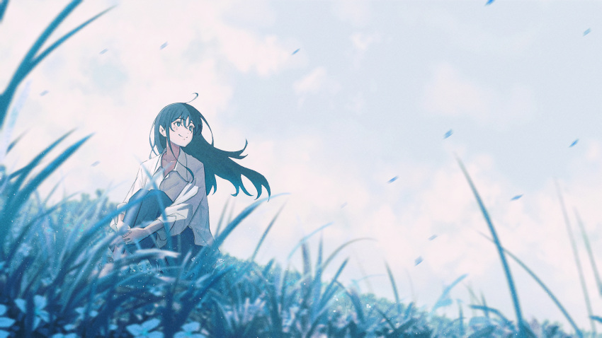 1girl absurdres ahoge black_hair blue_eyes blue_sky blurry blurry_foreground closed_mouth cloud collarbone collared_shirt crossed_bangs day field grass highres knees_up light_particles long_hair long_sleeves looking_afar looking_up official_art oka_kojiro original outdoors own_hands_together scenery shirt sidelocks sitting sky smile solo white_shirt