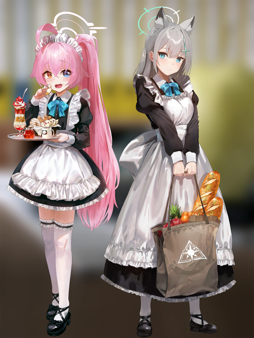 2girls :d ahoge alternate_costume alternate_hairstyle animal_ear_fluff animal_ears apron bag baguette blue_archive blue_bow blue_bowtie blue_eyes blurry bow bowtie bread character_food coffee coffee_mug commentary_request cross_hair_ornament cup depth_of_field drink drinking_glass enmaided extra_ears food fruit full_body grey_hair hair_between_eyes hair_ornament halo heterochromia highres holding holding_bag holding_tray hoshino_(blue_archive) long_hair long_sleeves looking_at_another maid maid_apron maid_headdress medium_hair mismatched_pupils mo_ne mug multiple_girls one_side_up outdoors peroro_(blue_archive) pink_hair ponytail shiroko_(blue_archive) shopping_bag sidelocks skullman_(blue_archive) smile standing sweatdrop tray vegetable wine_glass wolf_ears wolf_girl