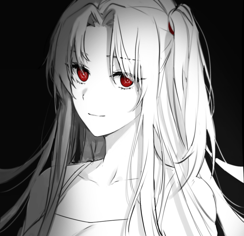 1girl angela_(project_moon) ap5ry bare_shoulders closed_mouth collared_shirt dress greyscale highres library_of_ruina lobotomy_corporation long_hair monochrome one_side_up parted_bangs project_moon red_eyes shirt sidelocks simple_background sleeveless sleeveless_dress smile solo spaghetti_strap spot_color upper_body very_long_hair