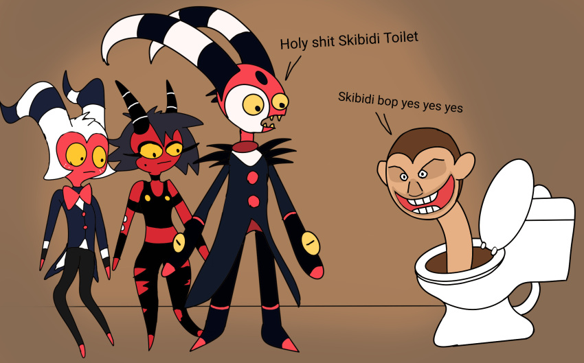 anonymous_artist blitzo_(helluva_boss) clothed clothing english_text female fully_clothed group helluva_boss hi_res horn humanoid imp male midriff millie_(helluva_boss) moxxie_(helluva_boss) profanity red_body red_skin shocked skibidi_toilet surprise text toilet