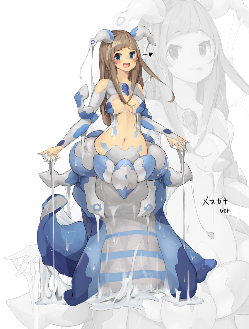 1girl absurdres antennae blue_eyes blue_nails blush breasts brown_hair dripping fingernails full_body heart highres long_hair looking_at_viewer medium_breasts monster_girl mucus navel open_mouth original shitoi_(aqua1487) slimy slug_girl sticky suggestive_fluid tentacles translated variations wet white_background zoom_layer