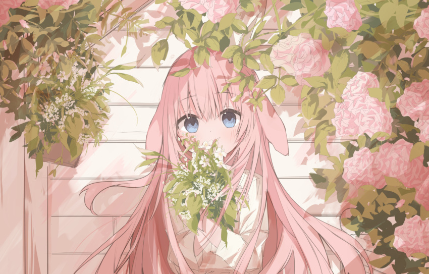 1girl animal_ears blue_eyes blush bouquet commentary_request covered_mouth flower hair_between_eyes highres holding holding_bouquet kushida_you long_hair looking_at_viewer original pink_flower pink_hair pink_rose rabbit_ears rose shirt solo upper_body very_long_hair white_flower white_shirt