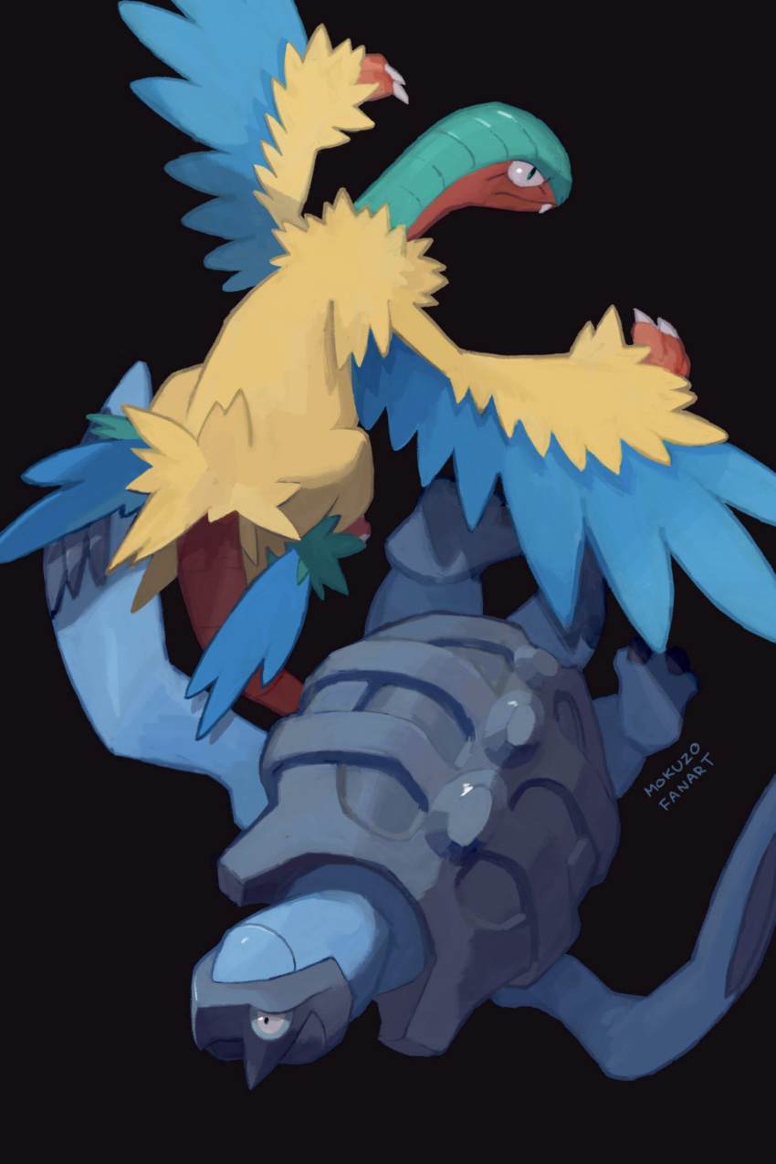 animal_focus archeops black_background black_eyes carracosta claws closed_mouth fang fang_out highres mokuzou_(moku_ssbu) no_humans pokemon pokemon_(creature) signature simple_background