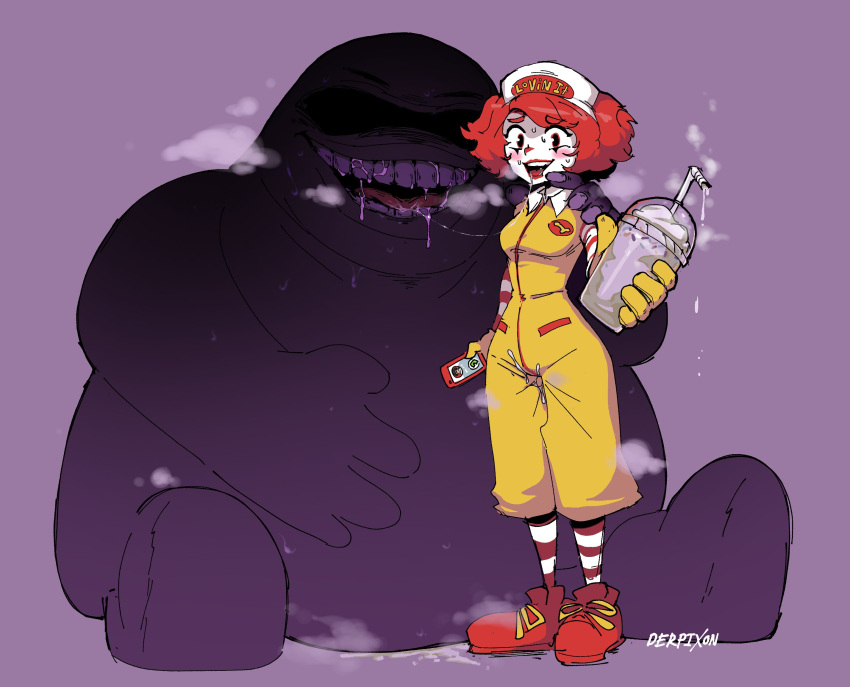 after_kiss beverage bodily_fluids breath_cloud crossgender derpixon digital_media_(artwork) dripping drooling duo female grimace_(mcdonald's) grimace_birthday_shake hands_on_shoulders hi_res holding_object holding_phone male mcdonald's nervous nervous_smile not_furry phone purple_background ronald_mcdonald saliva shaded simple_background simple_shading sitting steam sweat teeth