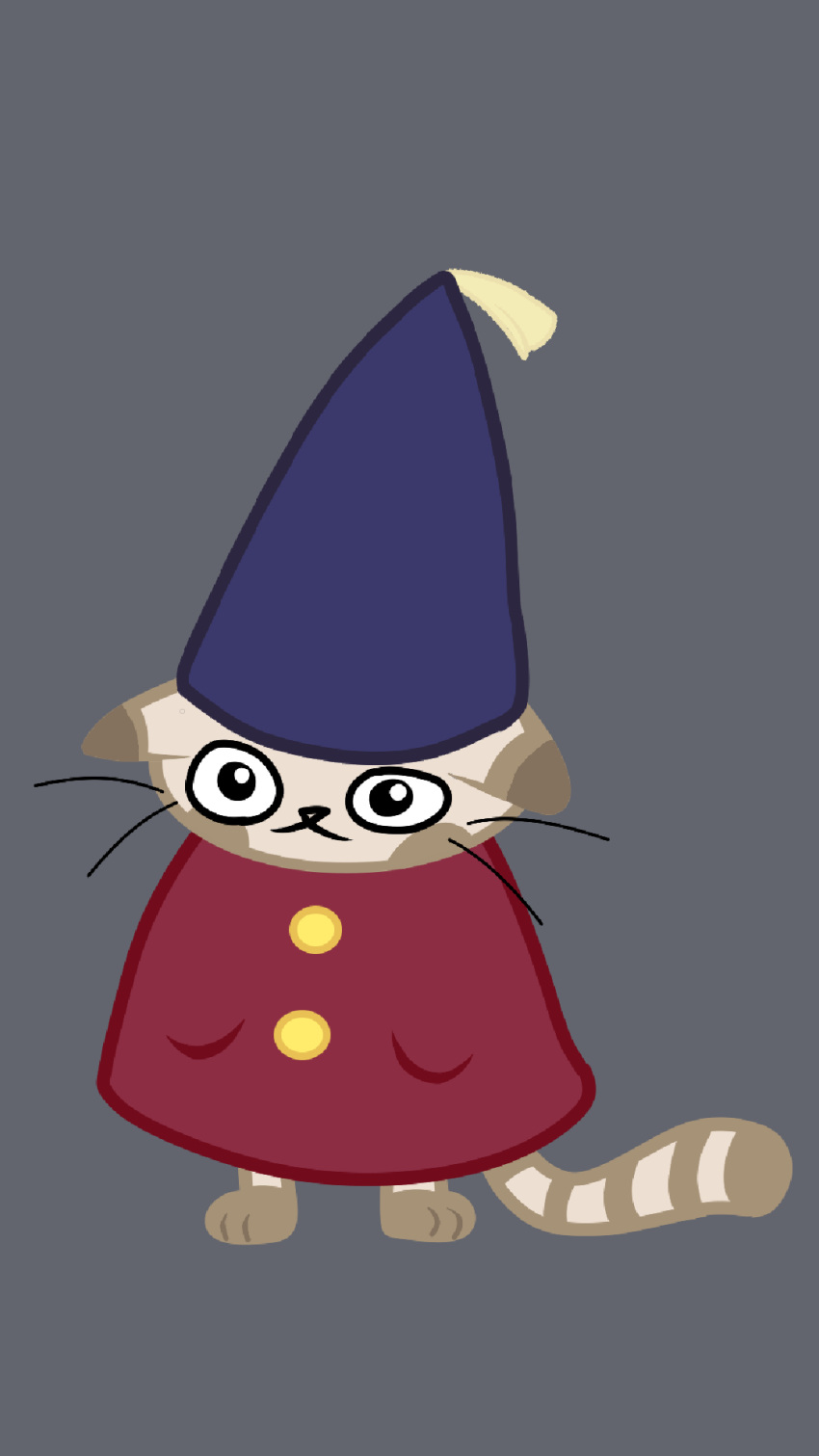 ambiguous_gender blue_clothing blue_hat blue_headwear cloak clothed clothing domestic_cat felid feline felis gnome gooblie_2 grey_background hat headgear headwear hi_res humanoid jam_mopsribbion mammal multicolored_body red_clothing silly simple_background solo tail toony two_tone_body