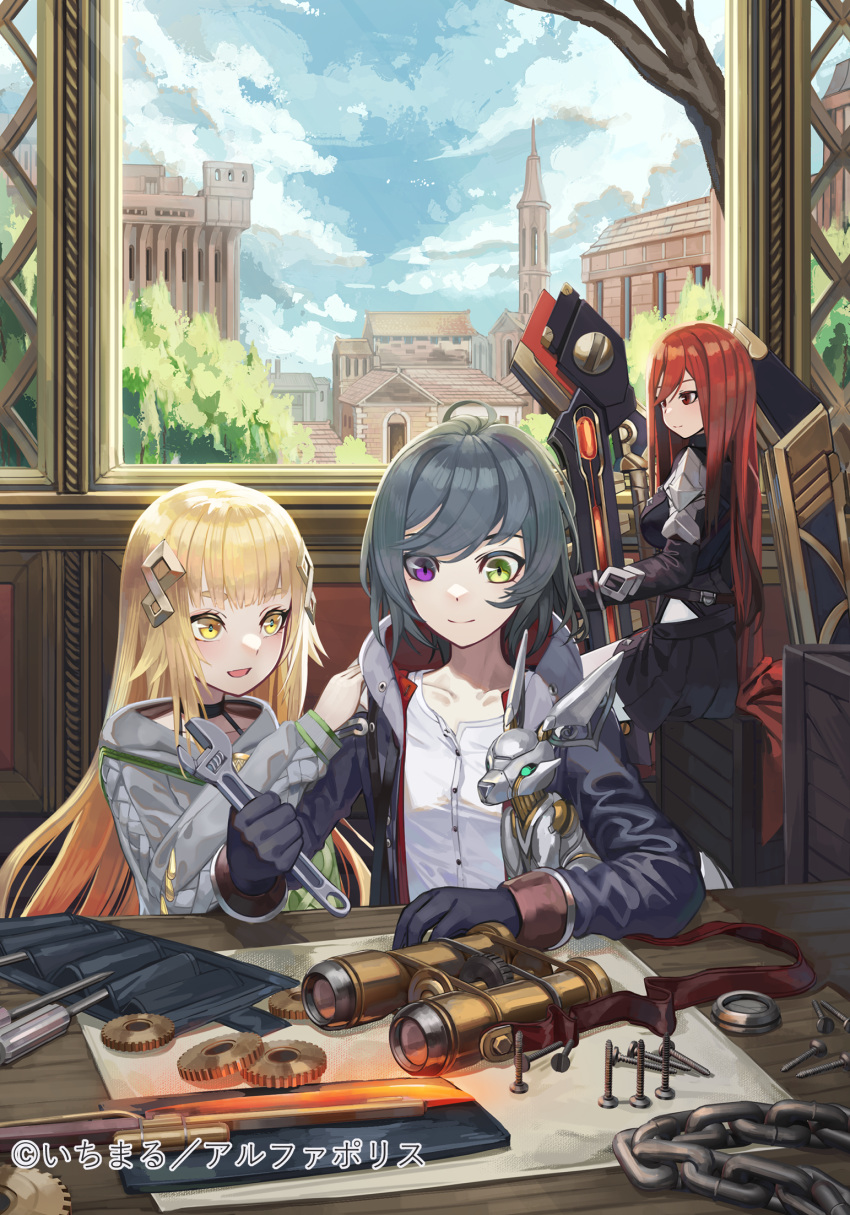 3girls binoculars black_gloves black_hair black_jacket black_skirt blonde_hair blue_sky breasts building cloud cloudy_sky commentary_request copyright_request day gears gloves green_eyes grey_jacket hair_ornament heterochromia highres indoors jacket long_hair long_sleeves medium_breasts multiple_girls natori_youkai open_clothes open_jacket pleated_skirt puffy_long_sleeves puffy_sleeves purple_eyes red_eyes red_hair robot screw shirt short_eyebrows skirt sky thick_eyebrows tower very_long_hair watermark white_shirt yellow_eyes