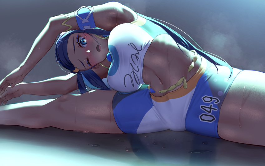 1girl arm_up armlet armpits bare_shoulders belly_chain bike_shorts bikini black_hair blue_eyes blue_eyeshadow blue_hair blue_shorts blush breasts commentary_request crop_top crossed_arms dark-skinned_female dark_skin earrings eyeshadow haska_(user_gure4787) highres hoop_earrings jewelry large_breasts long_hair looking_at_viewer makeup midriff multicolored_hair navel nessa_(pokemon) nose_blush one_eye_closed open_mouth pokemon pokemon_(game) pokemon_swsh shadow shirt shorts sitting sleeveless sleeveless_shirt solo spread_legs steaming_body stretching sweat swimsuit tankini two-tone_hair white_shirt