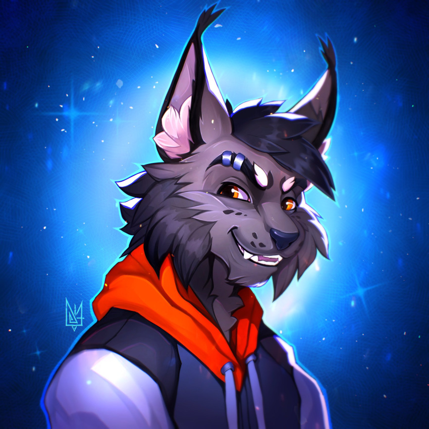 1:1 anthro backlighting biped blue_background blue_nose brown_eyes bust_portrait cheek_tuft clothing digital_media_(artwork) dimtarius ear_tuft eyebrow_piercing facial_piercing facial_tuft felid feline fur grey_furniture head_tuft hi_res hoodie icon inner_ear_fluff light lighting looking_at_viewer lynx male mammal neck_tuft open_mouth piercing portrait simple_background smile solo tagme teeth topwear tuft white_body white_fur