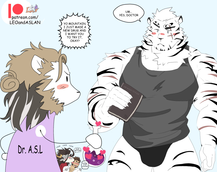 animal_ears arknights aslan_(leo&amp;aslan) bara black_male_underwear black_tank_top blank_stare blue_eyes blush_stickers book briefs bulge cartoonized character_request dark-skinned_male dark_skin deformed english_text facial_hair feet_out_of_frame from_side furry furry_male furry_with_furry furry_with_non-furry goatee highres holding holding_book interspecies large_pectorals leoandaslan_(leobongnana) licking licking_another's_cheek licking_another's_face long_sideburns love_potion male_focus male_underwear mountain_(arknights) muscular muscular_male no_mouth no_pants original pectorals protagonist_3_(housamo) scar scar_across_eye scar_on_arm short_hair sideburns solid_oval_eyes solo_focus standing strongman_waist tail tank_top thick_eyebrows tiger_boy tiger_ears tiger_tail tokyo_afterschool_summoners toon_(style) underwear v-shaped_eyebrows white_hair yaoi