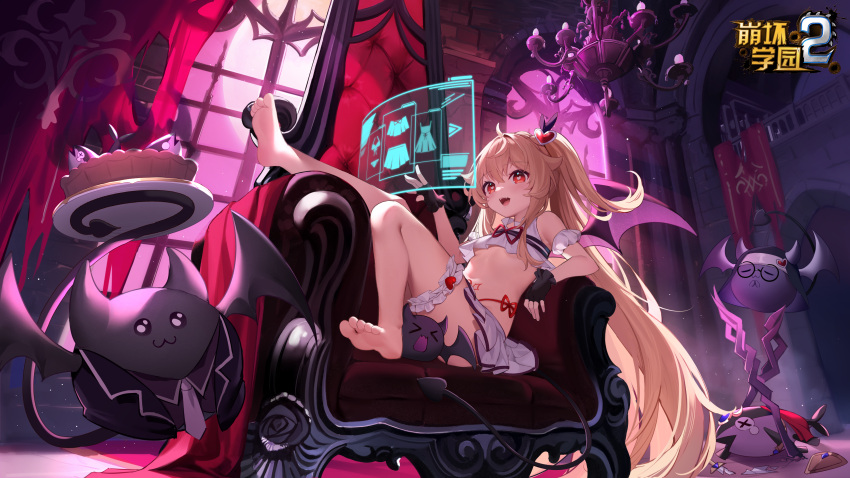 1girl :d absurdres armchair bare_shoulders barefoot benghuai_xueyuan black_gloves blonde_hair breasts chair character_request commentary_request demon_girl demon_tail demon_wings fangs fingerless_gloves fish_(food) gloves hair_between_eyes hair_ornament hand_up heart heart-shaped_pupils heart_hair_ornament highres holographic_interface honkai_(series) indoors knee_up leg_up long_hair nahaki on_chair plate purple_wings railing red_eyes small_breasts smile soles solo symbol-shaped_pupils tail two_side_up underboob very_long_hair window wings x_x