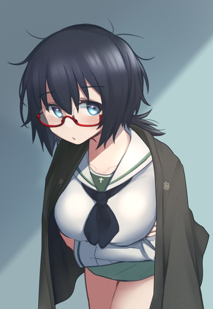 1girl absurdres black_eyes black_hair black_haori black_neckerchief blouse blue_background blush breast_hold breasts closed_mouth commentary cowboy_shot girls_und_panzer glasses green_skirt haori highres japanese_clothes large_breasts leaning_forward light_frown long_sleeves looking_at_viewer m1saki_1 medium_hair messy_hair miniskirt neckerchief ooarai_school_uniform oryou_(girls_und_panzer) pleated_skirt red-framed_eyewear sailor_collar sakamoto_clan_(emblem) school_uniform semi-rimless_eyewear serafuku shirt short_ponytail skirt solo standing under-rim_eyewear white_sailor_collar white_shirt