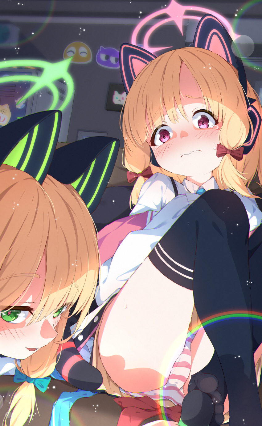 2girls absurdres animal_ear_headphones animal_ears anno_(yukikaze_08) black_thighhighs blonde_hair blue_archive blue_bow blush bow closed_mouth collared_shirt fake_animal_ears green_eyes green_halo hair_bow halo headphones highres jacket midori_(blue_archive) momoi_(blue_archive) multiple_girls panties pink_halo red_bow red_eyes shirt short_hair siblings sisters striped striped_panties thighhighs twins two-sided_fabric two-sided_jacket underwear wavy_mouth white_jacket white_shirt
