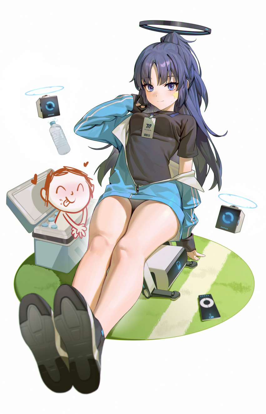1girl 1other absurdres arona's_sensei_doodle_(blue_archive) black_halo black_shirt blue_archive blue_hair blush bottle closed_mouth cooler fingernails full_body grass gym_uniform halo heart highres knees legs long_hair looking_at_viewer parted_bangs partially_unzipped purple_eyes purple_hair sensei_(blue_archive) shirt short_sleeves simple_background sitting smile star_on_cheek sweatdrop water_bottle white_background yuuka_(blue_archive) yuuka_(track)_(blue_archive) zhoi_star