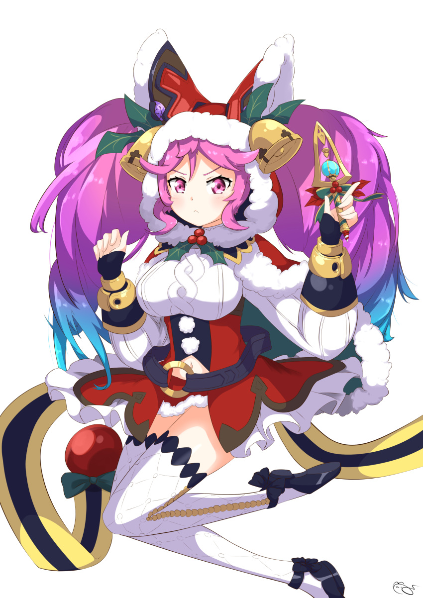 1girl :&lt; basukechi belt blue_hair capelet cleo_(dragalia_lost) dagger dragalia_lost fur_trim hat hat_bell highres holding holding_dagger holding_knife holding_weapon knife long_hair long_sleeves looking_at_viewer multicolored_hair navel official_alternate_costume pink_eyes pink_hair red_headwear santa_hat skirt solo thighhighs twintails two-tone_hair weapon white_background white_skirt white_thighhighs