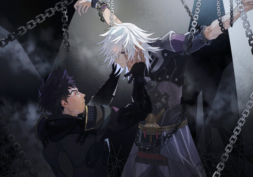 2boys black_eyes black_hair blue_eyes chain chained_wrists closed_mouth coat grey_coat hand_on_another's_cheek hand_on_another's_face highres jin_(xenoblade) long_sleeves looking_at_another male_focus malos_(xenoblade) medium_hair multiple_boys raininmoradain short_hair short_sleeves spiked_hair white_hair xenoblade_chronicles_(series) xenoblade_chronicles_2 yaoi