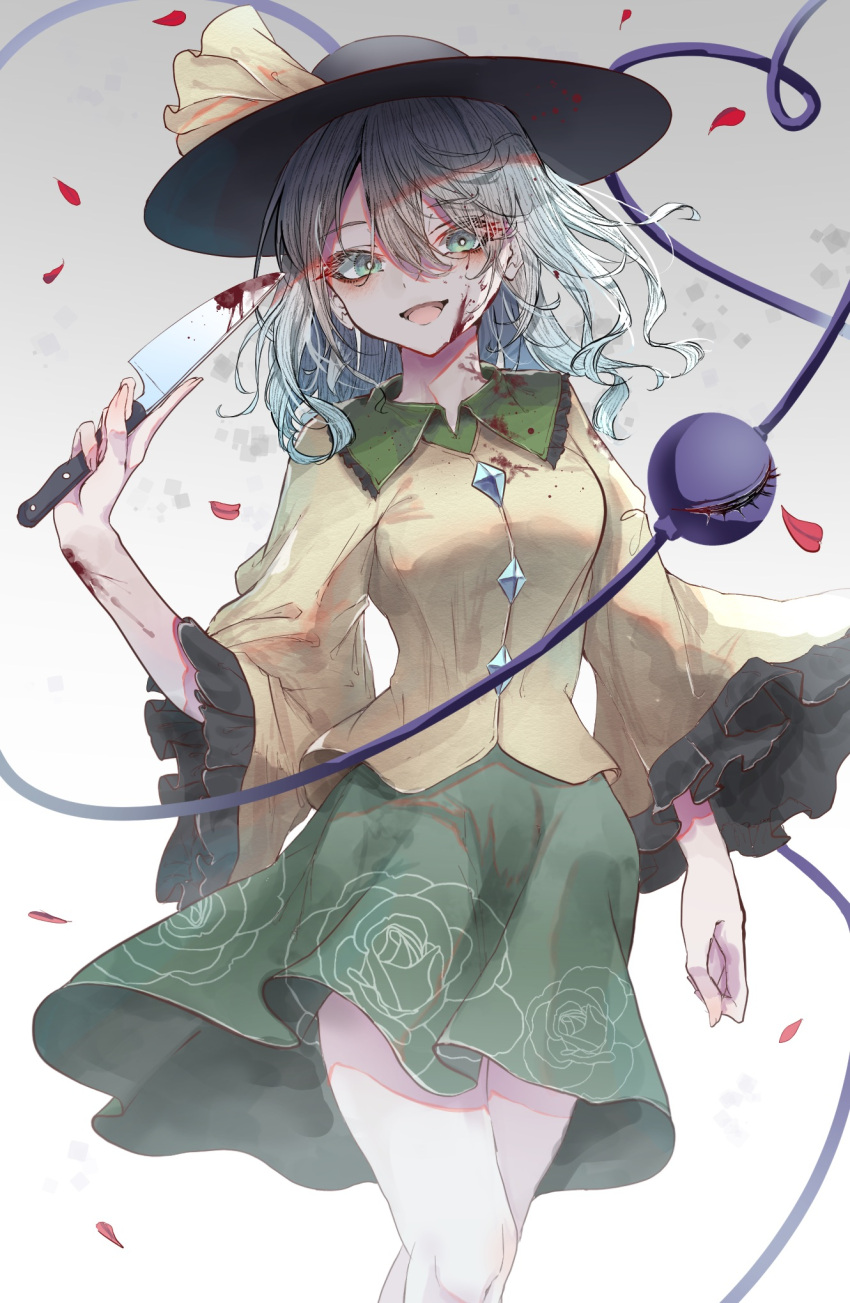 1girl black_headwear blood blood_on_arm blood_on_face breasts bright_pupils closed_eyes collar falling_petals feet_out_of_frame frilled_collar frills green_skirt hair_between_eyes hegata_(hegatia_lapis) highres holding holding_knife kitchen_knife knife komeiji_koishi looking_at_viewer medium_breasts medium_hair petals shirt skirt smile solo third_eye touhou wide_sleeves yellow_shirt