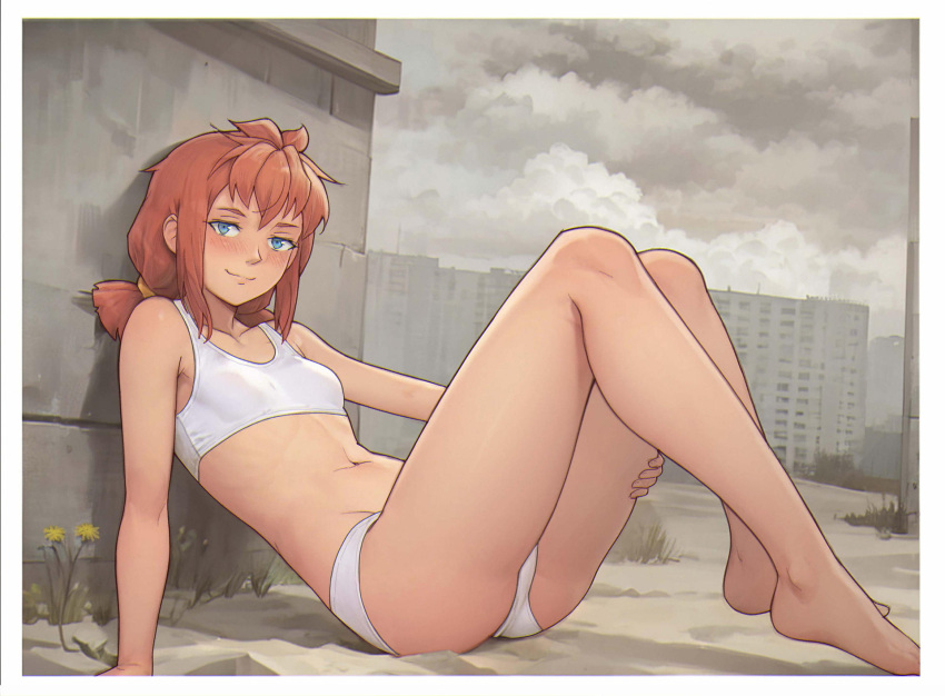 1girl against_wall arm_support armpits bare_shoulders barefoot blue_eyes blush border breasts building closed_mouth cloud cloudy_sky collarbone commentary dandelion day dirt english_commentary everlasting_summer flower from_side full_body grass grey_sky groin hand_on_own_thigh highres knees_up leaning_back leonzo looking_at_viewer looking_to_the_side midriff navel on_ground paid_reward_available panties red_hair short_twintails sidelocks sitting sky small_breasts smile solo sports_bra stone_wall twintails underwear underwear_only ussr-tan wall weeds white_border white_panties white_sports_bra