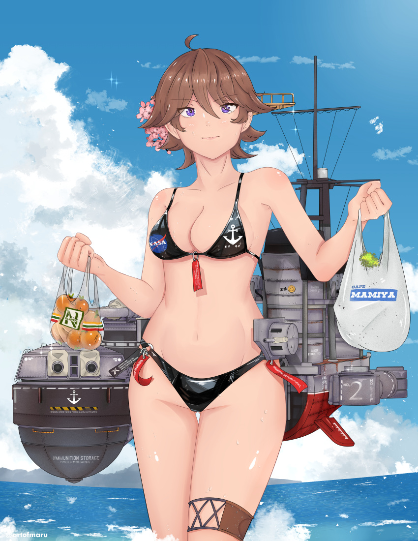 1girl absurdres alternate_costume bag bananamaru bare_shoulders bikini black_bikini breasts brown_hair cherry_blossoms cleavage collarbone cowboy_shot flipped_hair flower hair_between_eyes hair_flower hair_ornament headgear hiei_(kancolle) highres holding holding_bag kantai_collection machinery medium_breasts purple_eyes shopping_bag short_hair solo swimsuit twitter_username