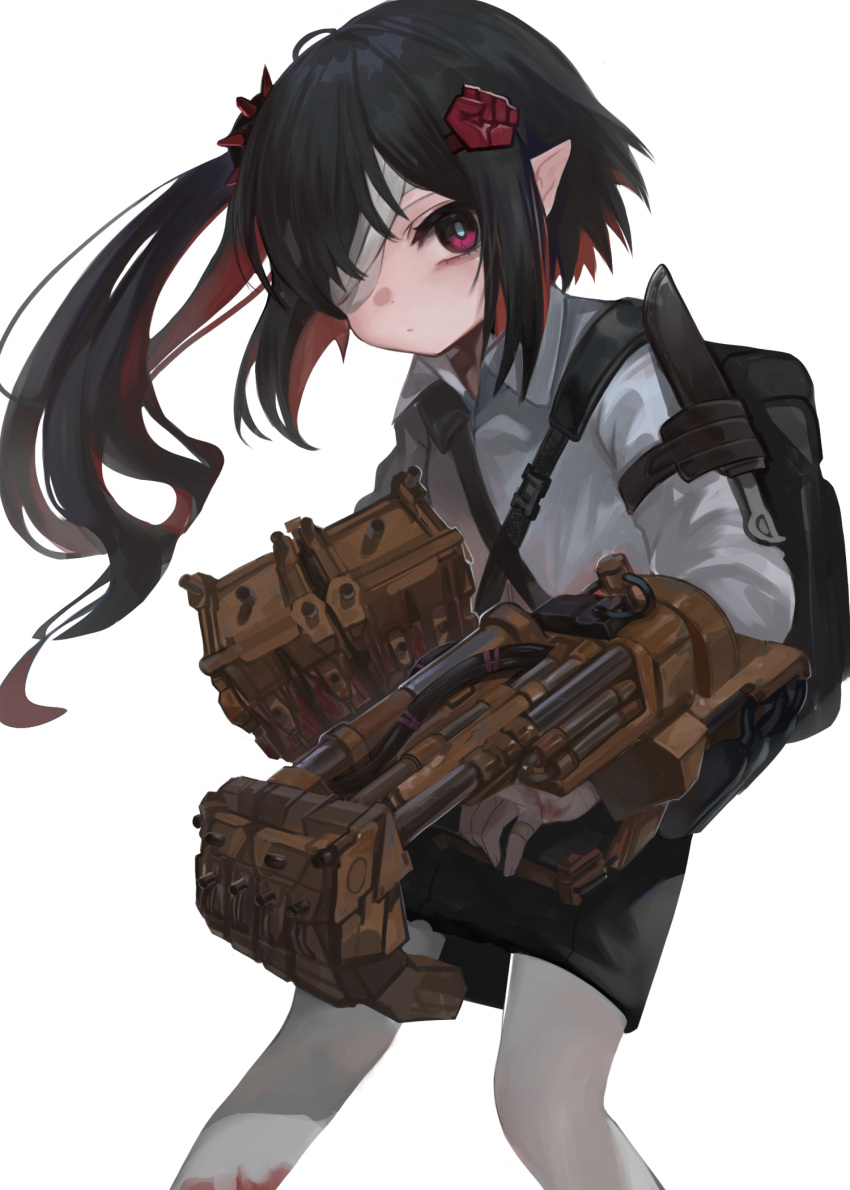 1girl backpack bag bandage_over_one_eye bandaged_hand bandages black_hair black_skirt blood blood_on_bandages blood_on_clothes clenched_hand collared_shirt commentary dokomon english_commentary feet_out_of_frame hair_ornament highres long_hair looking_at_viewer multicolored_hair one_side_up original pantyhose pointy_ears power_fist red_eyes red_hair shirt simple_background skirt solo spikes standing two-tone_hair white_background white_pantyhose white_shirt
