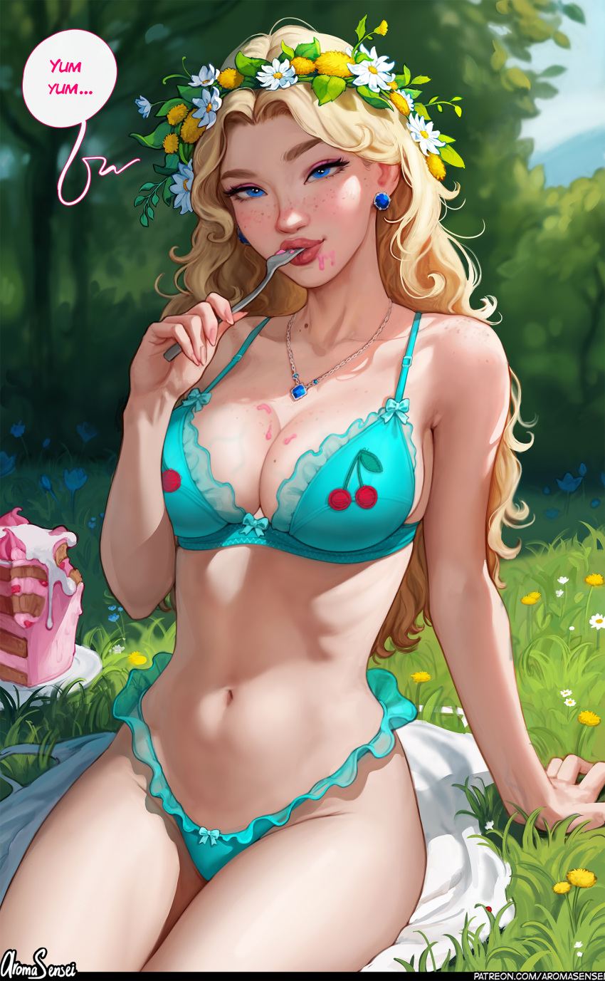 1girl absurdres aroma_sensei bare_shoulders biting blonde_hair blue_bra blue_eyes blush bra breasts buttons cake cleavage collarbone daisy earrings eating english_text eyeshadow flower food food_on_body food_on_breasts fork freckles frilled_panties frills haley_(stardew_valley) head_wreath heart highres jewelry large_breasts lips long_hair makeup navel necklace open_clothes open_shirt outdoors panties sideboob skirt smile solo sparkle stardew_valley underwear undressing wavy_hair