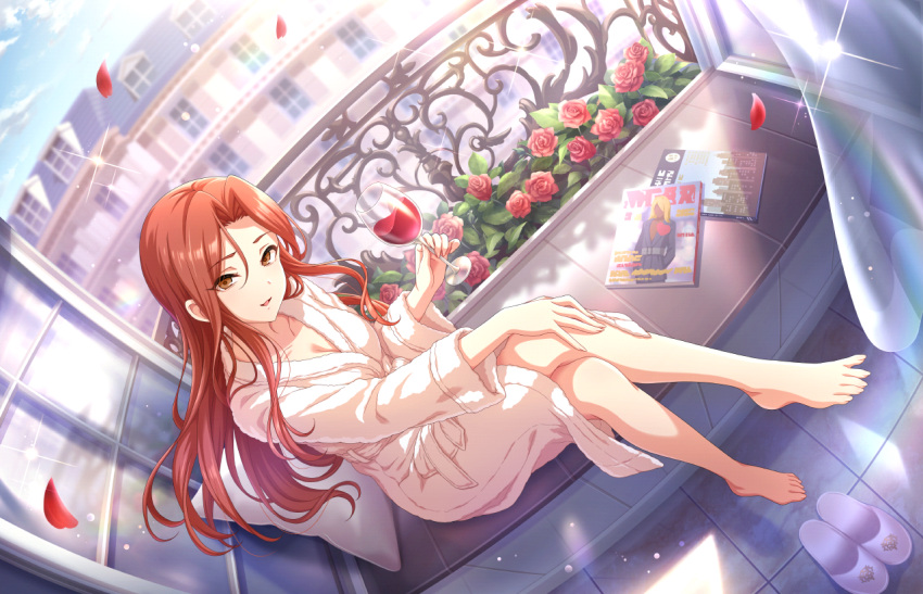 1girl alcohol balcony barefoot bathrobe breasts brown_eyes cleavage collarbone crossed_legs cup day drink drinking_glass feet flower holding holding_cup idolmaster idolmaster_cinderella_girls idolmaster_cinderella_girls_starlight_stage indoors legs long_hair looking_at_viewer magazine_(weapon) medium_breasts naked_robe official_art open_mouth parted_bangs petals red_flower red_hair red_petals red_rose red_wine robe rose sitting slippers smile solo sparkle toenails toes white_bathrobe white_robe window wine wine_glass zaizen_tokiko