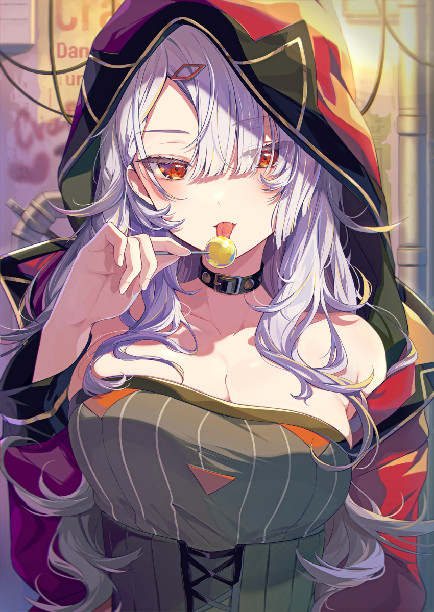 1girl bare_shoulders black_choker black_shirt breasts candy choker cleavage collarbone commentary_request eyes_visible_through_hair food hair_ornament hair_over_one_eye hairclip hand_up highres holding holding_candy holding_food holding_lollipop hood hood_up hooded_jacket jacket large_breasts licking lollipop long_hair long_sleeves looking_at_viewer off_shoulder original red_eyes red_jacket ringozaka_mariko shirt solo strapless strapless_shirt striped striped_shirt tongue tongue_out tube_top underbust white_hair