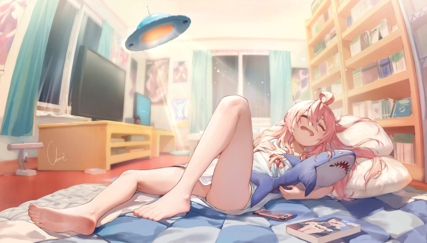 1girl ahoge barefoot book bookshelf curtains hair_between_eyes handheld_game_console highres indoors long_hair observerz onii-chan_wa_oshimai! oyama_mahiro pink_hair shirt short_sleeves signature sleeping solo stuffed_animal stuffed_shark stuffed_toy television white_shirt window