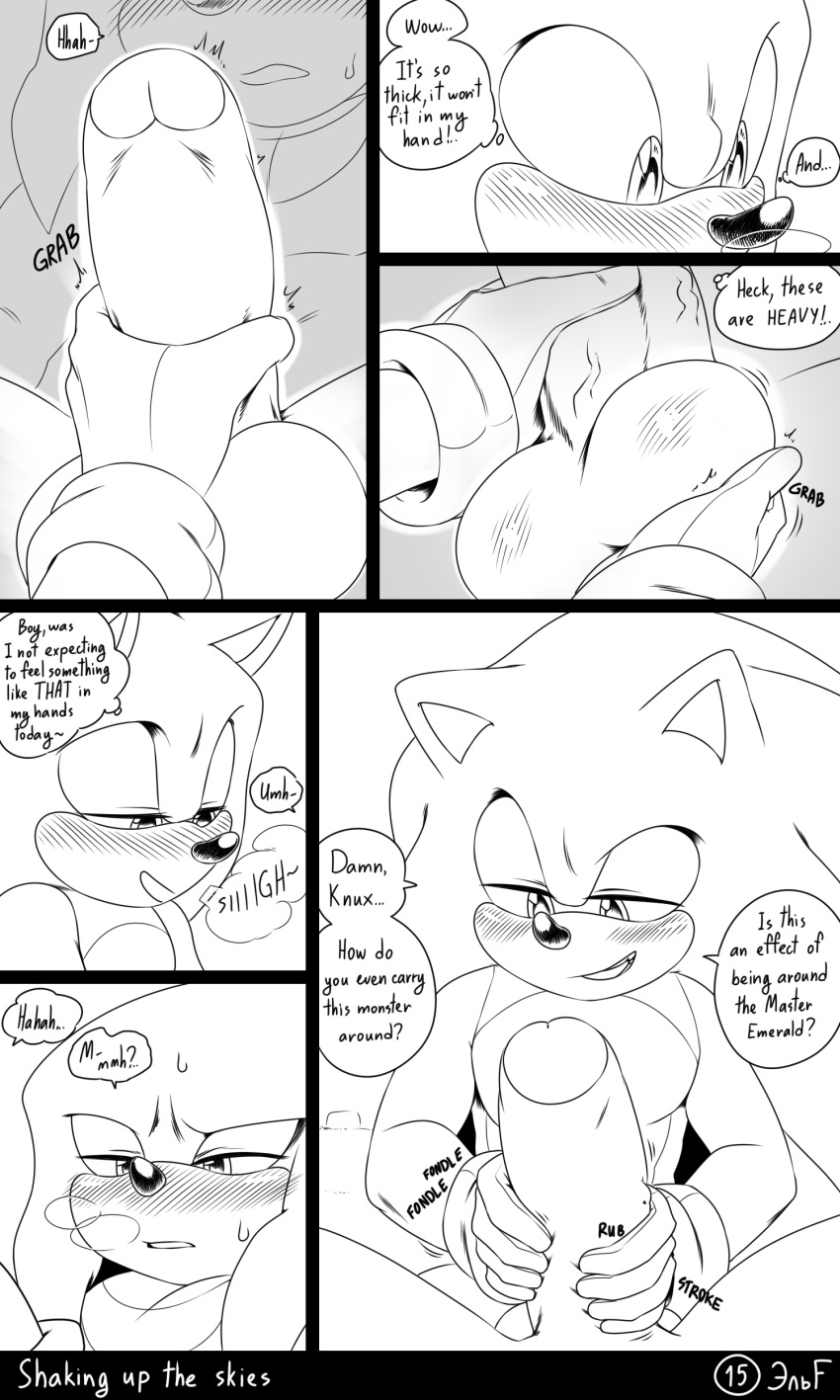 2023 5_fingers absurd_res anthro anthro_on_anthro ball_fondling ball_grab balls big_balls big_penis black_and_white blush breath comic dialogue duo echidna english_text erection eulipotyphlan fingers fondling genitals half-closed_eyes handjob hedgehog hi_res huge_balls huge_penis knuckles_the_echidna krazyelf looking_at_another looking_down male male/male mammal monochrome monotreme narrowed_eyes onomatopoeia open_mouth panting penile penis penis_grab sega sex smile smirk sonic_the_hedgehog sonic_the_hedgehog_(series) sound_effects speech_bubble text thought_bubble