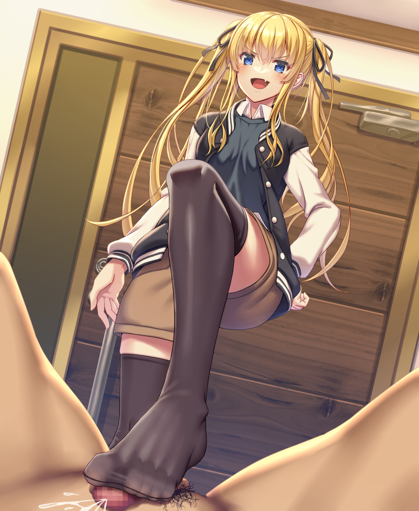 absurdres asisuki blue_eyes clothed_female_nude_male cum ejaculation femdom footjob highres jacket non-web_source nude open_mouth penis pov pov_crotch saenai_heroine_no_sodatekata sawamura_spencer_eriri shorts sweater_vest thighhighs trample twintails