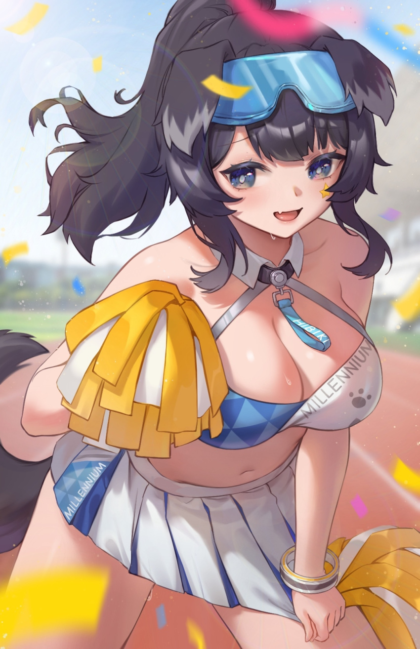 1girl animal_ears bangle bare_shoulders black_hair blue_archive blue_eyes blurry bracelet breasts bright_pupils cheerleader cleavage confetti crop_top depth_of_field detached_collar dog_ears dog_girl dog_tail eyewear_on_head goggles goggles_on_head halterneck hibiki_(blue_archive) hibiki_(cheerleader)_(blue_archive) highres holding holding_pom_poms jewelry large_breasts leaning_forward mao_mao_juzhang miniskirt navel open_mouth pom_pom_(cheerleading) ponytail skirt skirt_tug smile star_sticker sticker_on_face tail track_and_field