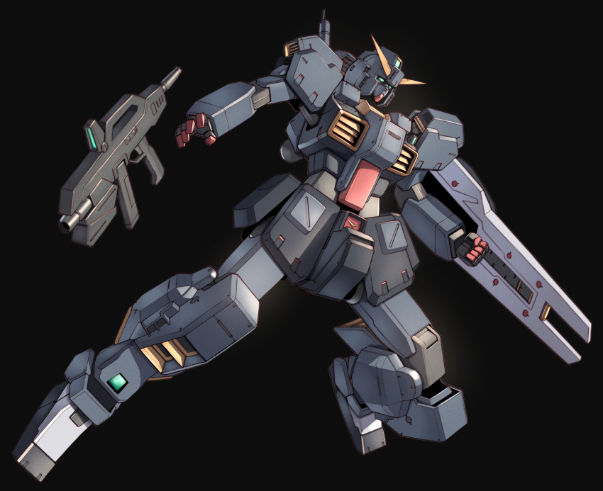 advance_of_zeta arm_shield beam_gun black_background commentary full_body green_eyes gundam gundam_tr-1_hazel highres mecha mobile_suit no_humans open_hand robot science_fiction simple_background solo takahashi_masaki titans_(gundam) v-fin