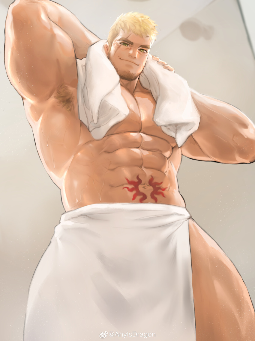 1boy abs absurdres armpit_hair armpits bara blonde_hair chinstrap_beard come_hither commission dopey_(dopq) facial_hair feet_out_of_frame from_below gift_art goatee gyee highres large_pectorals long_sideburns looking_at_viewer male_focus mature_male muscular muscular_male naked_towel navel nipples original pectorals romg scar scar_across_eye scar_on_cheek scar_on_face second-party_source seductive_smile short_hair sideburns smile solo stomach stomach_tattoo strongman_waist stubble tattoo thick_eyebrows thick_thighs thighs towel undercut wet wiping
