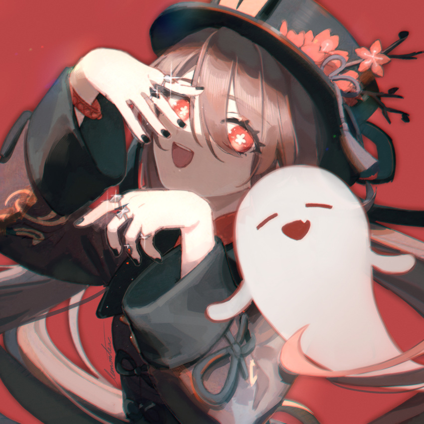 1girl :d absurdres black_headwear black_nails bracelet brown_hair flower flower-shaped_pupils genshin_impact ghost glint hair_between_eyes hand_over_face hat hat_flower highres hu_tao_(genshin_impact) jewelry lemontea long_hair long_sleeves looking_at_viewer multiple_rings nail_polish open_mouth red_background red_eyes red_flower ring signature simple_background smile solo symbol-shaped_pupils twintails upper_body very_long_hair